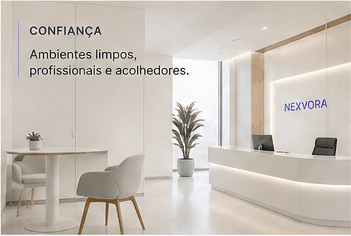 Recepção de uma clínica clara, profissional e acolhedora.